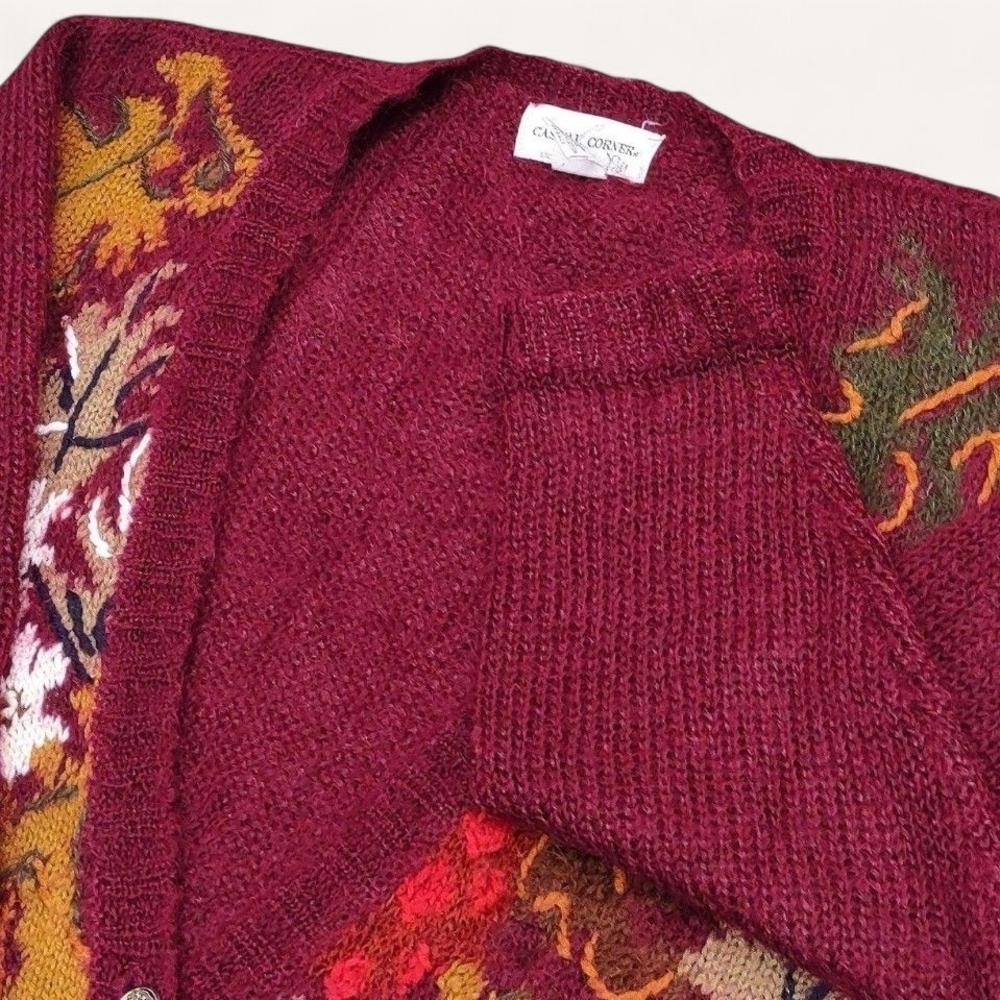 Vintage 90s Y2K Harvest Thanksgiving Burgundy Wool Blend Cardigan Casual Corner - Picture 2 of 12